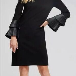 NWT Chicos Elegant Black Dress with Fauz Leather Pleated Sleeve Trim